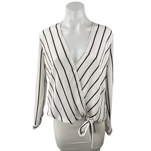 BB Dakota Women's White Black Stripes V Neck Long Sleeve Wrap Tie Blouse Top S